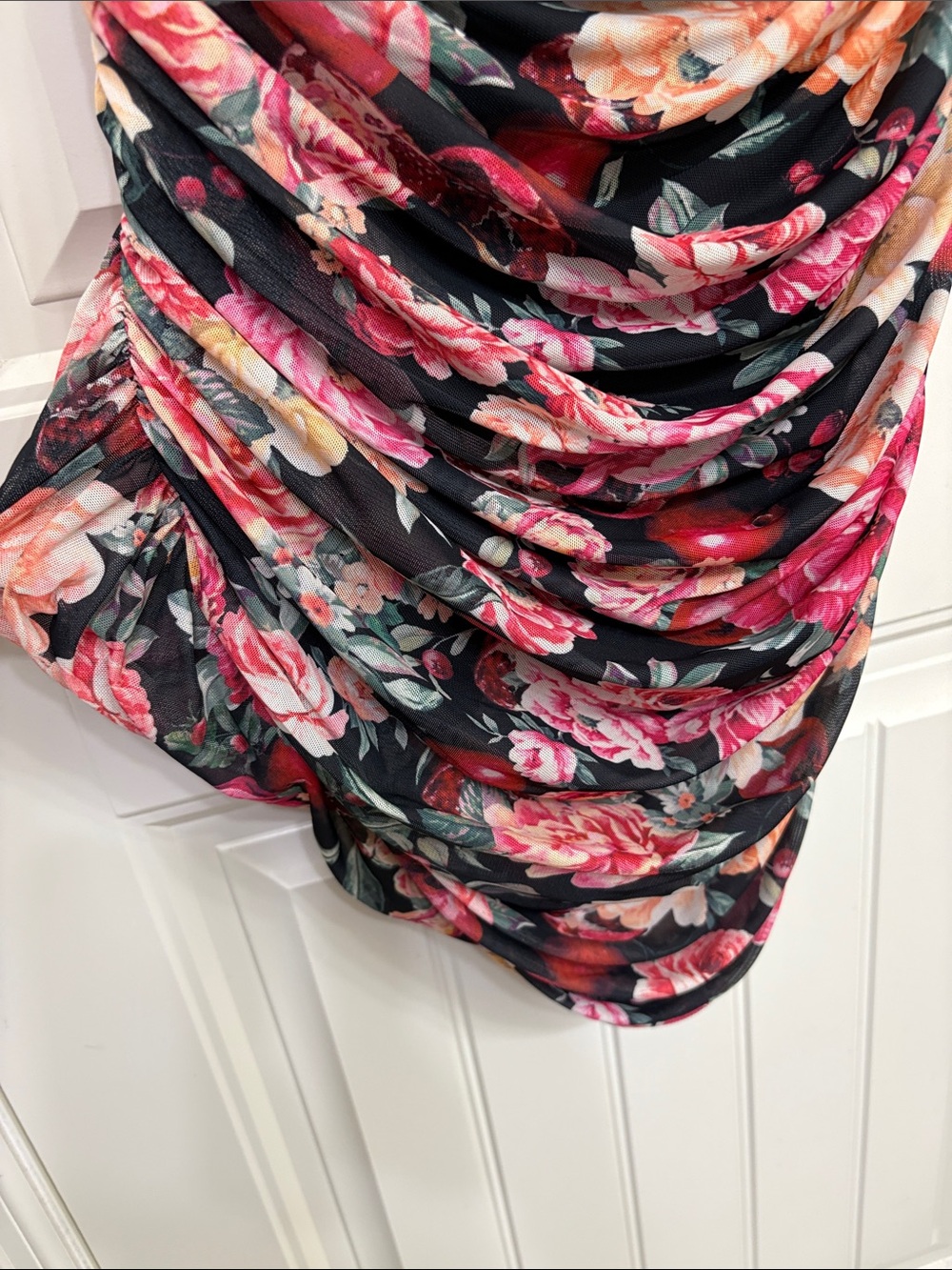NWT Express Strapless Ruched Tube Floral Dress in Black Pink & Peach Flowers - Picture 3 of 11